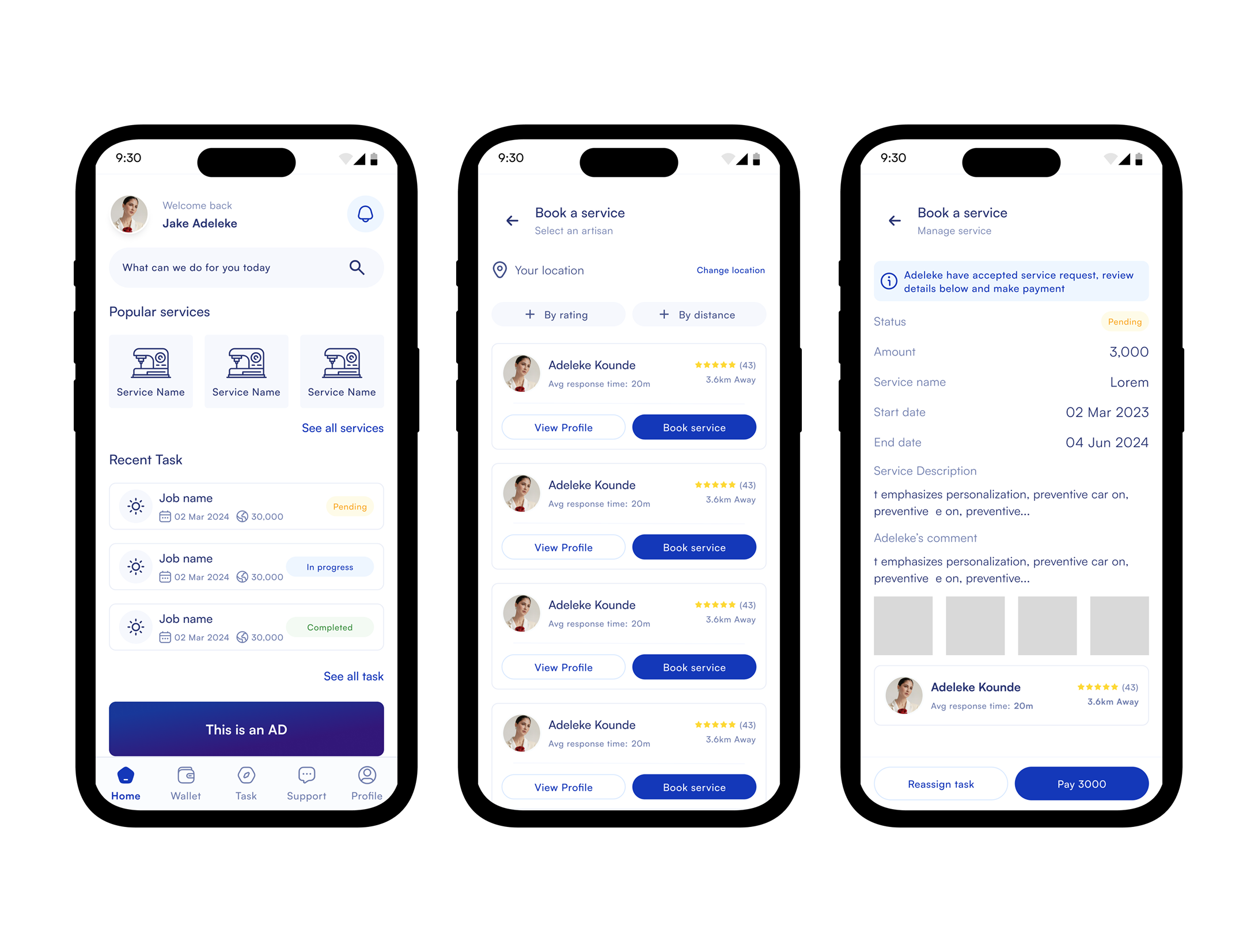 Bluwox dashboard, searching and hiring flow