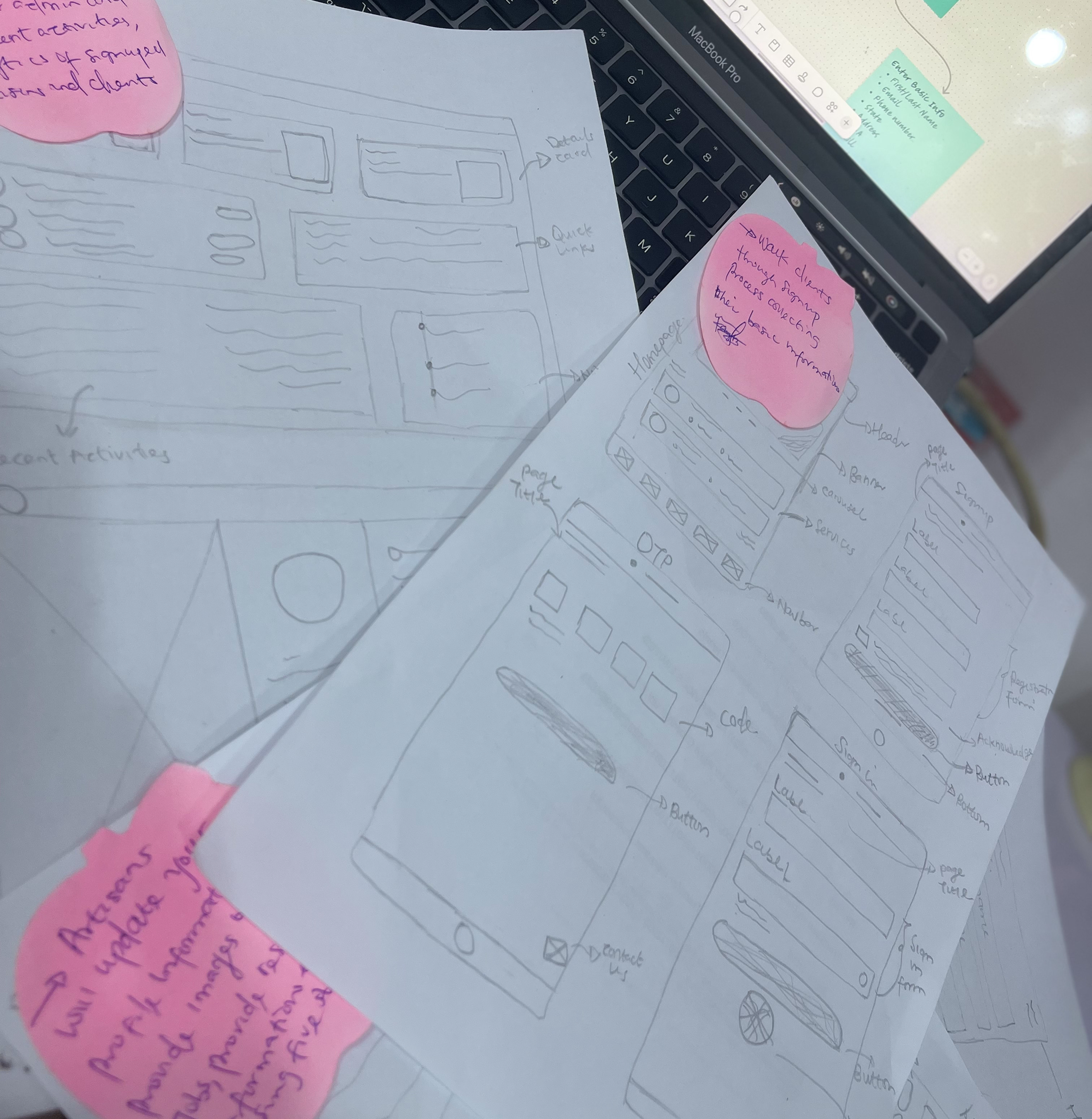 Bluwox low-fidelity paper wireframes