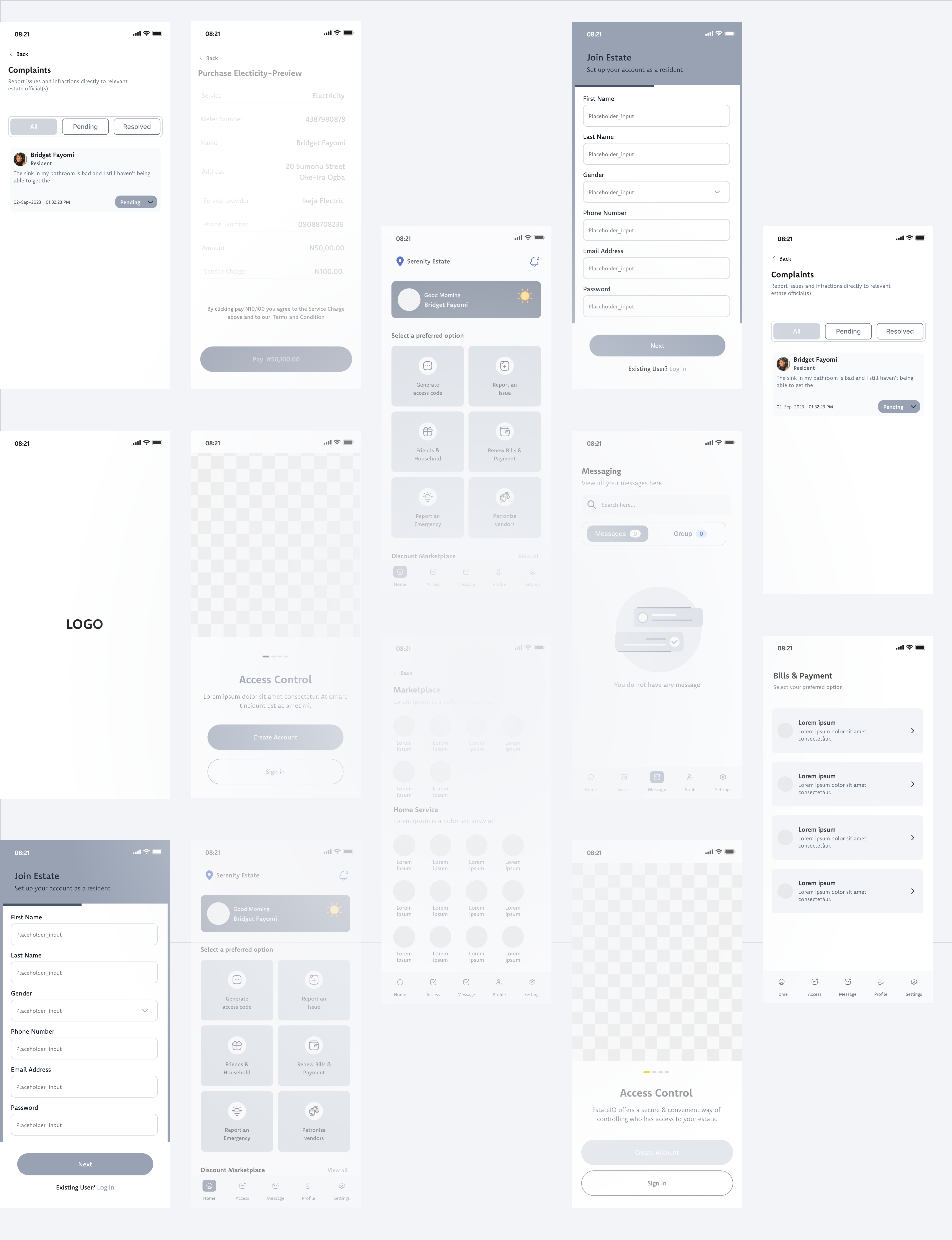 EstateIQ low-fidelity wireframes